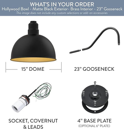 Steel Lighting Co. Hollywood Bowl Light | Outdoor Wall Mounted | 15 inch Bowl Dome | 23 inch Gooseneck | Barn Light Made in America | Matte Black Exterior/Brass Interior