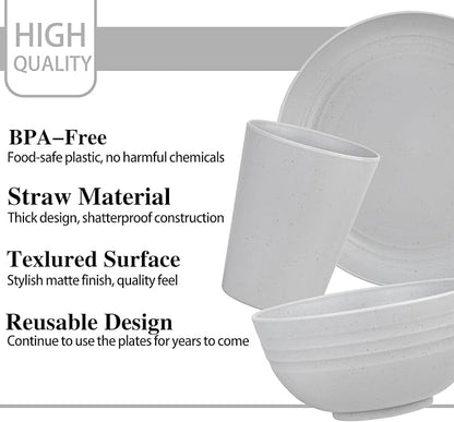 LIYH 16 Pcs Wheat Straw Dinnerware Sets Plastic Dinnerware Sets for 4 Plates and Bowls Set Reusable Tableware Grey Dish Set 8 Plates 4 Bowls 4 Cups Microwave Dishwasher