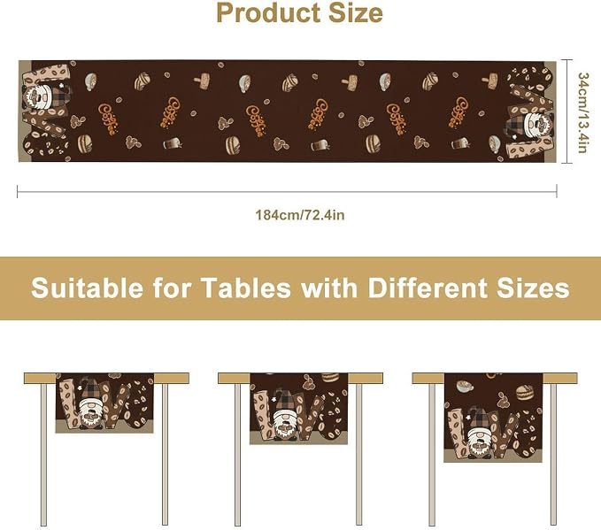 Coffee Theme Table Runner, Rustic Brown Gnome Coffee Theme Bean Cafe Cup Tea - Image 5