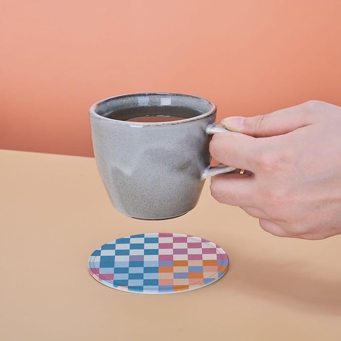 Colorful Blue and Purple Checkered Leather Coasters Set of 6 - Image 5