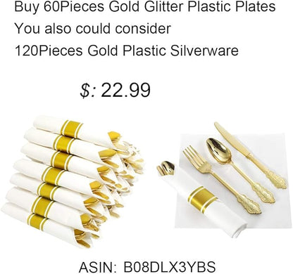 Liacere 60Pieces Gold Glitter Plastic Plates - Premium Square Disposable - Include 30PCS 9.5inch Gold Dinner - 30PCS 7inch Gold Dessert/Salad Plates for Party&Wedding&Christmas