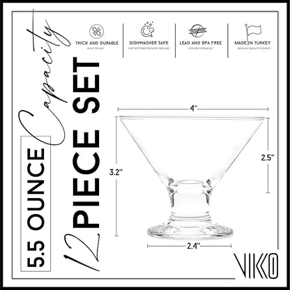 Vikko Dessert Bowls, 5.5 Ounce Ice Cream Sundae Bowls, Set of 12 Footed Dessert Cup For Ices, Pudding, Fruit, and More, Dishwasher Safe