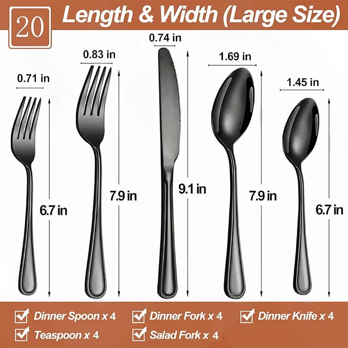 20 Pcs Black Silverware Set for 4, Food Grade Stainless Steel Flatware Set - Image 2
