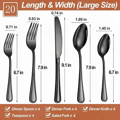 20 Pcs Black Silverware Set for 4, Food Grade Stainless Steel Flatware Set - Image 2