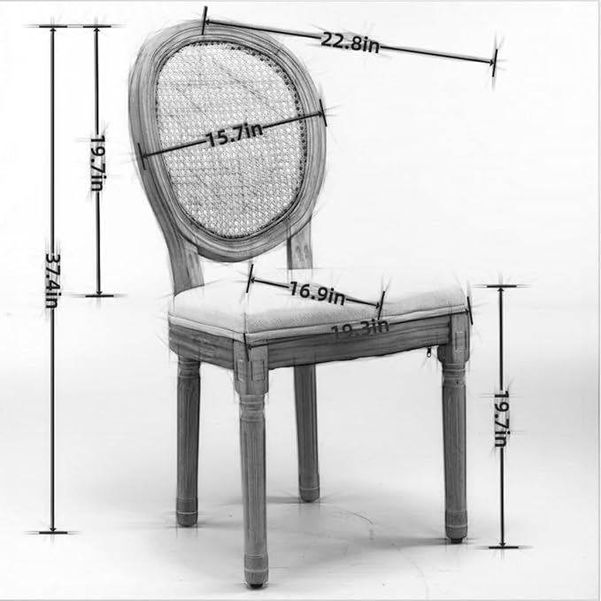 Ball & Cast French Vintage Upholstered Dining Chairs Set of 2, Antique Painting Wooden Kitchen Side-Chairs with Rattan Back & Carved Solid Wood Frame, 2-Piece Curved Backrest Louis Chair, Beige