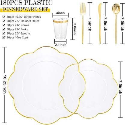 EI 180pcs Clear and Gold Plastic Plates with Plastic Silverware,Dinnerware Plate Set for Party,Disposable Plates Heavy Duty Clear Gold Cups for Wedding,Birthday,Spring Afternoon Tea