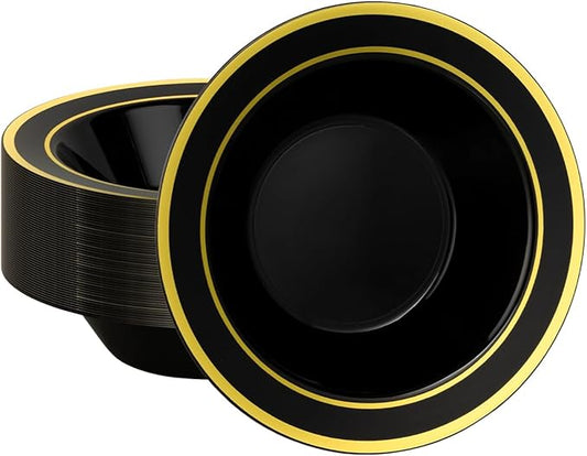 BESTSTAR 50 Pack Black Disposable Bowls with Gold Rim, 12oz Black Plastic Soup Bowls for Party, Wedding, Holiday,And Halloween