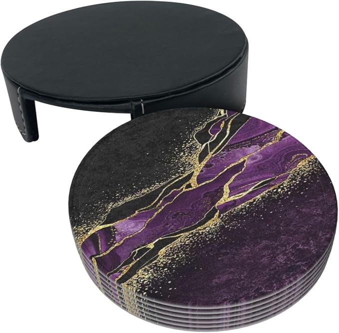 6 Pcs Abstract Black and Purple Marble Leather Coasters - Image 4