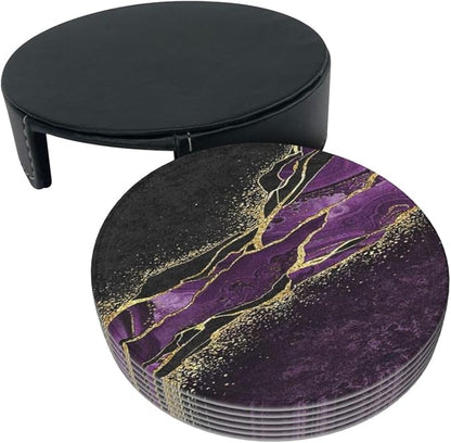 6 Pcs Abstract Black and Purple Marble Leather Coasters - Image 4