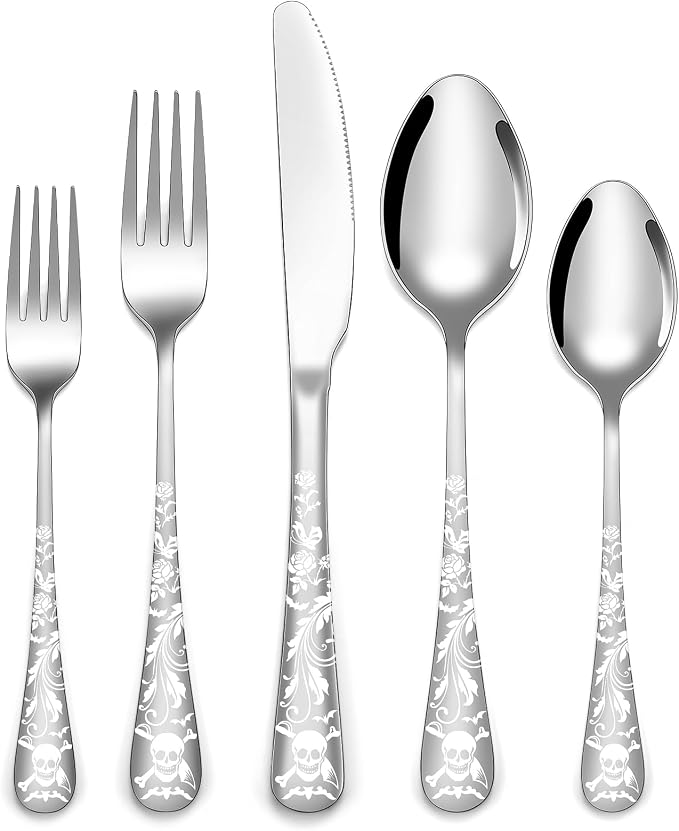 Skull Pattern Silverware Set for 8, OIULO 40-Piece Pirate Pirate Rose Flatware by MetalServingUtensils