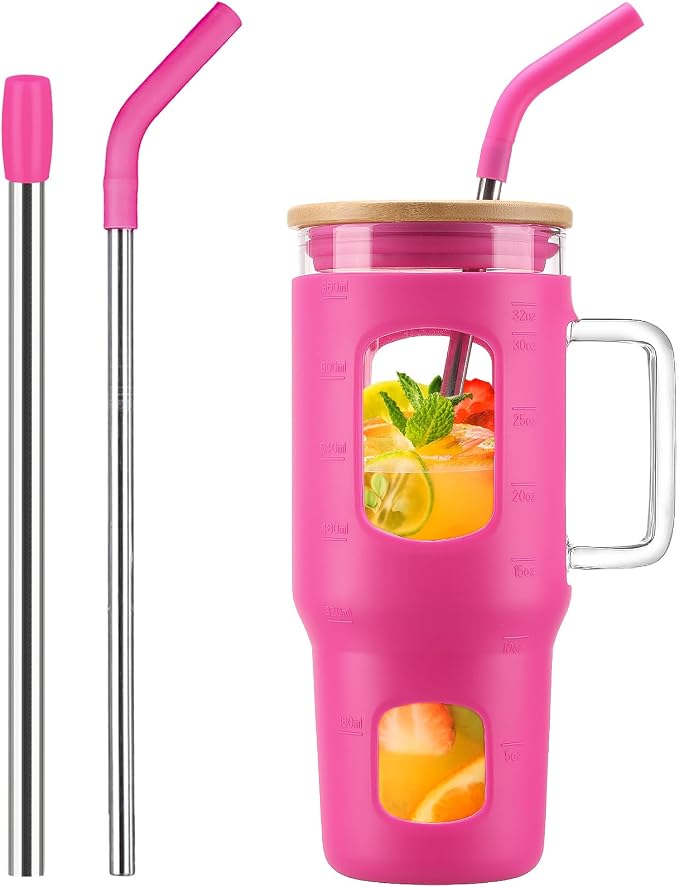WINSA Glass Tumbler with Straw & Lid, 32 oz Glass Cup with Handle, Water Bottle by WINSA