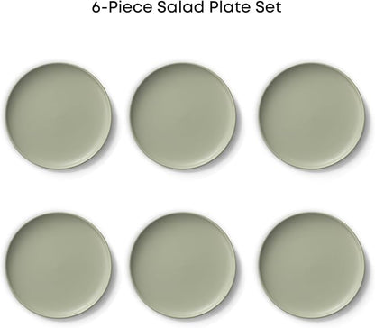 JoyJolt Mesa Stoneware Salad Plates, 8" Round Lunch Plates, Dishwasher and Microwave Safe Plate Set of 6, Modern Rustic Dinnerware, Appetizer Dessert or Dinner Sides Kitchen Dishes - Matte Sage Green