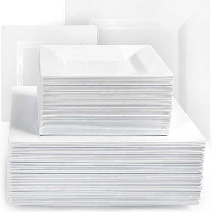 Aya's 100ct Square Plastic Disposable Plates, White - 9.5-Inch 50 Dinner and 6.5-Inch 50 Salad Plates for Party - Heavy-Duty Hard Plastic Design for Wedding, Event, Christmas, and Thanksgiving