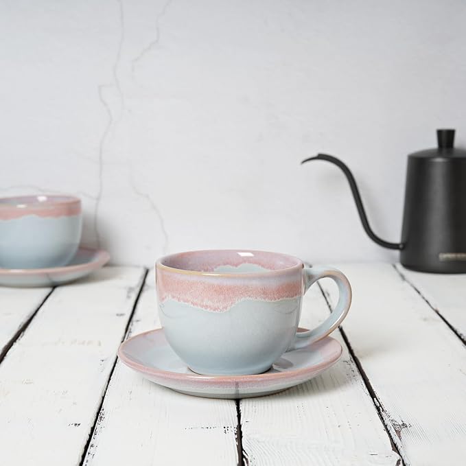 Bosmarlin Ceramic Cappuccino Cup and Saucer Set of 2, 9 Oz, Coffee Cups - Image 4