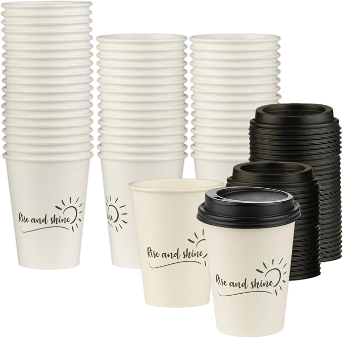 Disposable Coffee Cups with Lids, To Go Paper Hot Cups, Rise and Shine Design by SMYGOODS