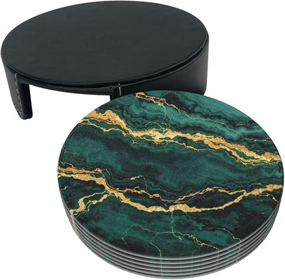 Drink Coasters with Holder Stand Set of 6, Emerald Green Gold Marble Pu Leather - Image 9