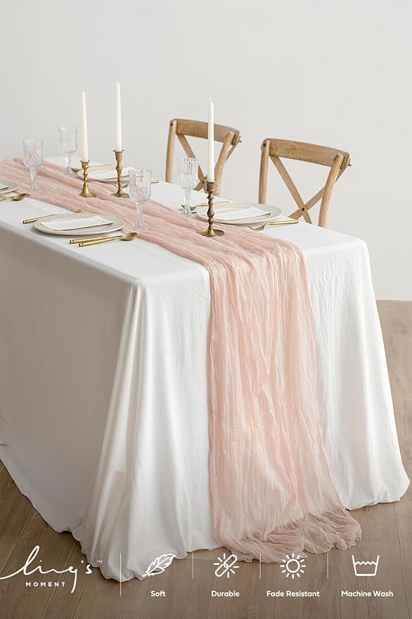 Ling's Moment Pink Cheesecloth Table Runner, 120 Inch 10FT Blush | Boho Gauze - Image 2