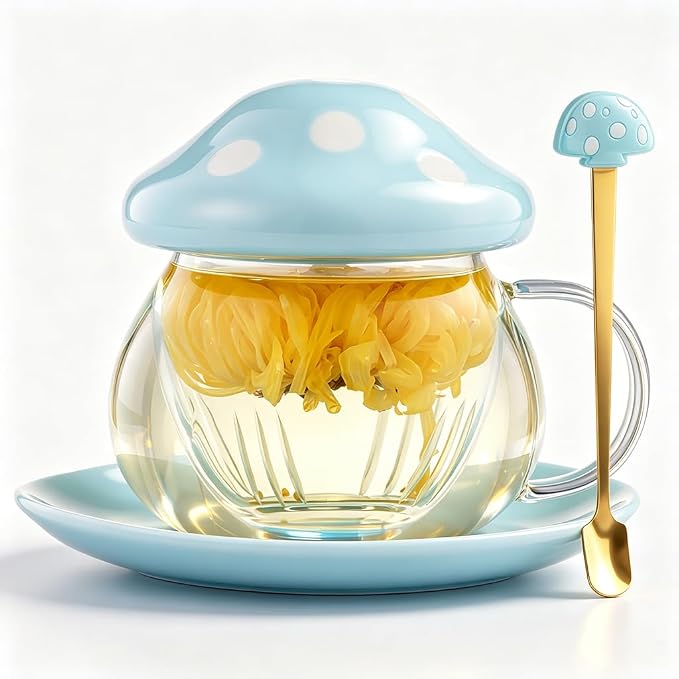 Mushroom Tea Cup Set, Cute Glass Tea Cups and Saucers, Kawaii Teacup by Unknown