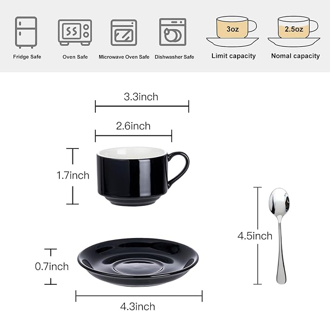 2.5 OZ Stackable Espresso Cups Set of 4, Porcelain Espresso Cups | Black Coffee - Image 2