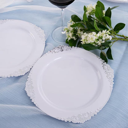 Hioasis 100pcs White Silver Plastic Plates - 10.25" Dinner Plates Disposable, Heavy -duty, Classy and Elegant for Thanksgiving