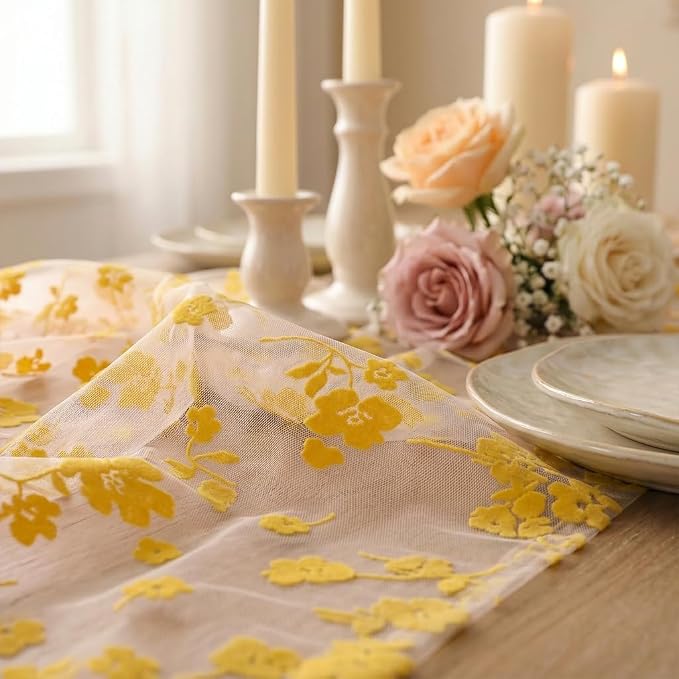 Artoid Mode White Gauze Flocking Yellow Flowers Table Runner 10FT, Spring Sheer - Image 6
