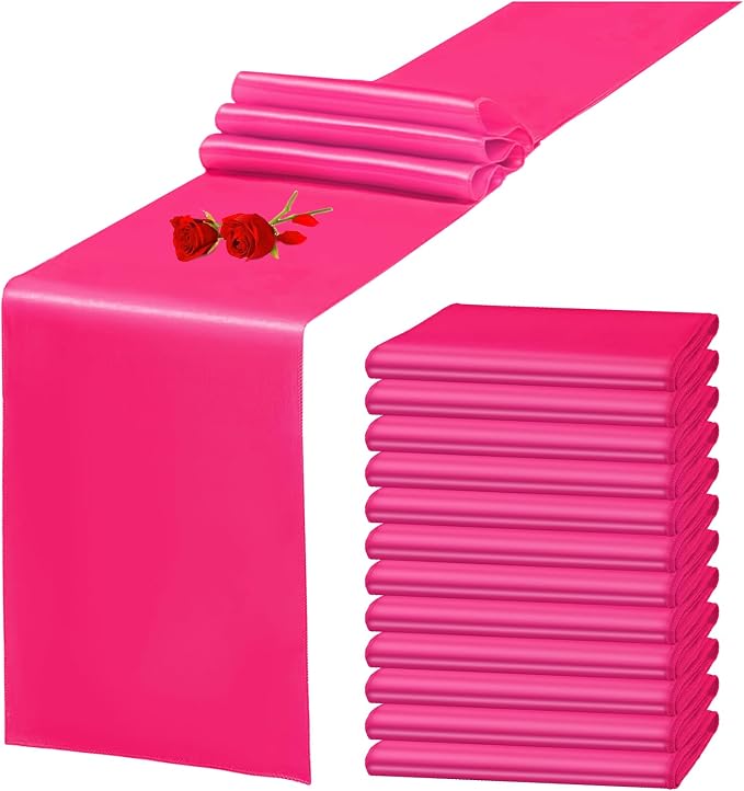 12 Pack Hot Pink Satin Table Runner 12 x 108 Inch Long Premium Table Runners by YMHPRIDE
