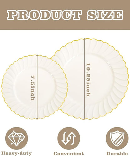 YOUBET 100PCS Ivory and Gold Scalloped Plastic Plates - Image 2