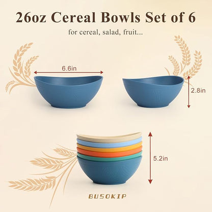 Wheat Straw Bowls 26oz, Unbreakable Ramen Bowl Set of 6, Oval Plastic Bowls - Image 2