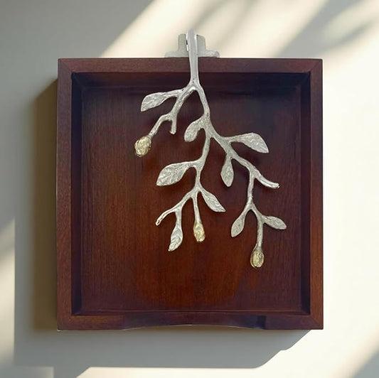 Napkin Holder - Solid Wood Brown Finish Home Decor & Kitchen Decor Table Countertop Serviette & Tissue Holder with Metal Ornament Arm in Silver Gold Finish - Indoor and Outdoor Use - Leaves Design