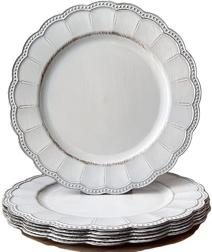 White Antique Charger Plates, 13 Inch Metallic Chargers by Umisriro