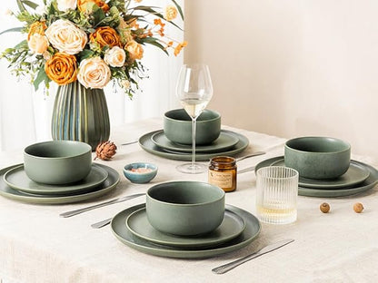 LERATIO Stoneware Dinnerware Sets for 4,Handcarft Ceramic Plates and Bowls Sets,Chip and Scratch Resistant Dishes, Dishwasher & Microwave Safe, Oven safe,Reactive Glaze-Green