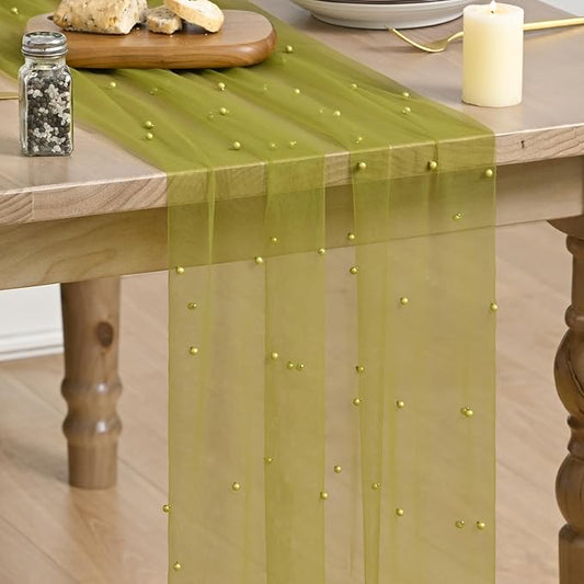 Artoid Mode Pearl Olive Green Gauze Table Runner 120 Inch 10FT, Seasonal Sheer Dining Holiday Wedding Birthday Baby Shower Table Decor for Home Party