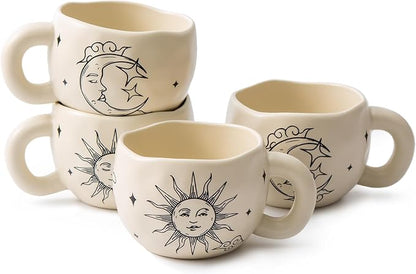 4pcs Boho Style Ceramic Moon and Sun Mugs, 9.4OZ Cute Coffee Cup Set, Matte by YumiPLUS