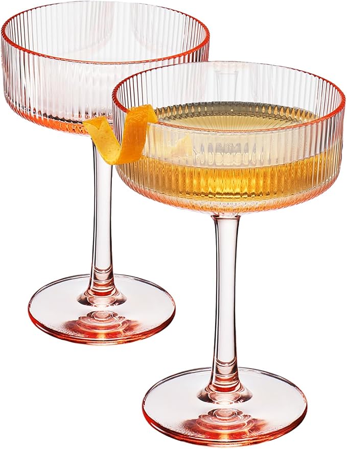 Khen Pink Peach Acrylic Ribbed Coupe Martini Champagne Cocktail Glasses by Khen