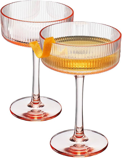 Khen Pink Peach Acrylic Ribbed Coupe Martini Champagne Cocktail Glasses by Khen