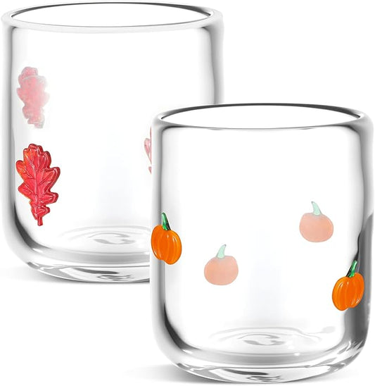 Icon Juice Glasses, 14oz Stemless Wine Drinking Juice Glass Cup for Valentine Party Supplies Gift(2 Pcs,Maple Leaf & Pumpkin)