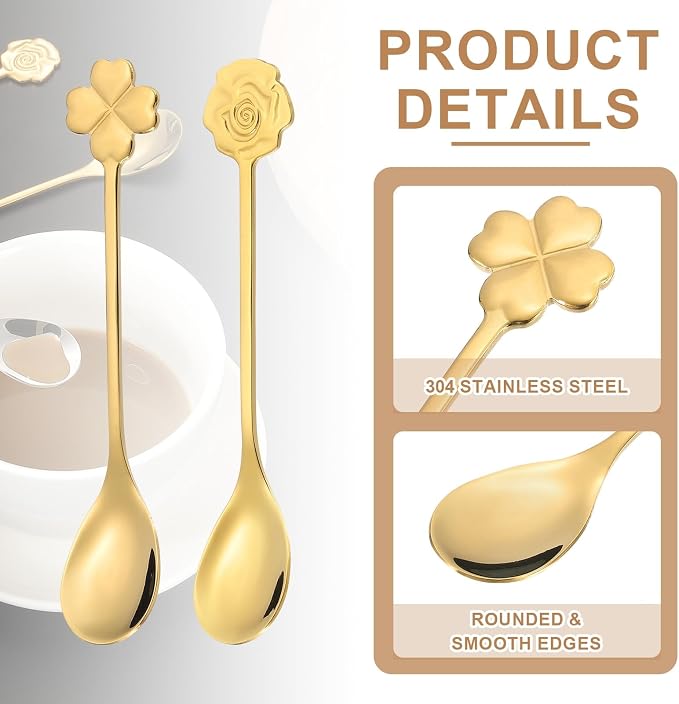 PATIKIL 4pcs Coffee Spoons, Rose/Four Leaf Grass Tea Spoons 304 Stainless Steel - Image 3