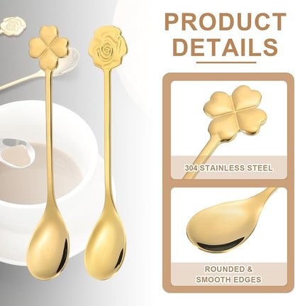 PATIKIL 4pcs Coffee Spoons, Rose/Four Leaf Grass Tea Spoons 304 Stainless Steel - Image 3