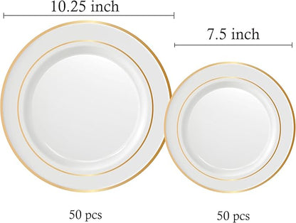 Neatiffy100 Pcs Gold Rim Plastic Dinnerware Set (50 Guest) | 50 x (Dinner Plate, Dessert Plate) | For Wedding, Luxurious Party, Special Event