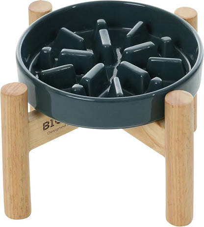 Ceramic Maze Dog Slow Feeder with Non-Slip Silicone Rim (& Bamboo Stand) – Heavy-Duty Stoneware Bowl with Puzzle Pattern for Bloating & Obesity Prevention (Raised-Blue-M)