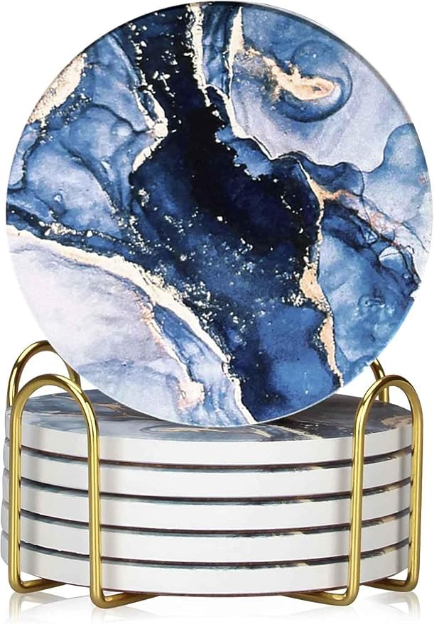 Drink Coasters with Holder 6 Pack, Ceramic Marble Style, Absorbent Abstract by Brillirare