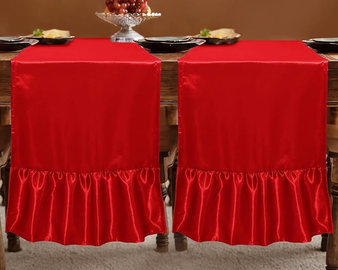 2 Pack Red Satin Table Runner 12 x 108 Inch | Ruffle Design, Luxurious Dining - Image 3