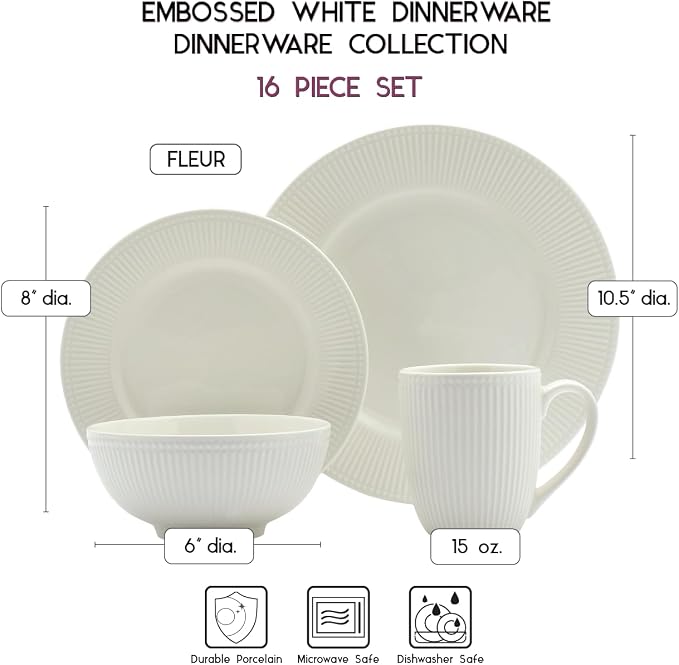 Tabletops Gallery Embossed Bone White Porcelain Round Dinnerware Collection- - Image 4