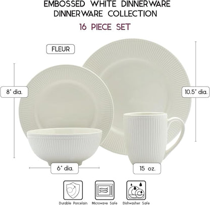 Tabletops Gallery Embossed Bone White Porcelain Round Dinnerware Collection- - Image 4
