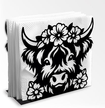 Highland Cow Decorative Black Metal Napkin Holder for Table, 5.3" x 4.8" x 2" Animal Flower Standing Napkin Holder for Home Kitchen Restaurant Picnic Party Coffee Bar Dining Room
