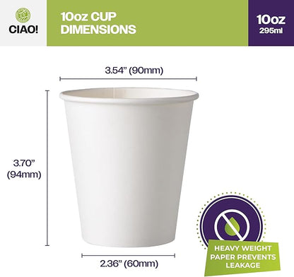 CIAO! 10oz White Paper Hot Cup, Disposable, 80mm Diameter 500 Count