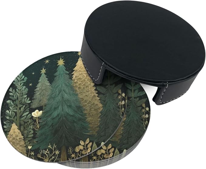 Vintage Green Gold Christmas Tree Coasters - Image 7