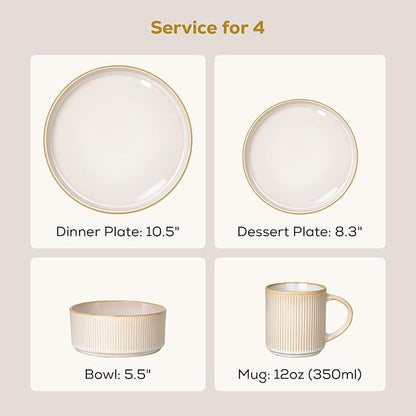 Romswi Stoneware Dinnerware Set for 4, 16Pcs Plates and Bowls Sets with Mugs, Chip & Scratch Resistant Dish Set, Handmade Reactive Glaze Plate Set, Oven,Microwave and Dishwasher Safe, Cappuccino White