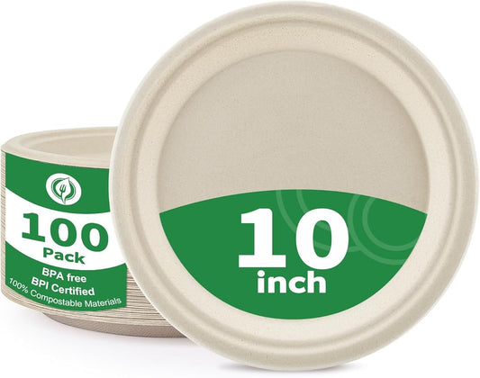 100% Compostable 10 Inch Large Paper Plates [100 Pack Bulk] - Heavy Duty & Leak-Resistant Disposable Plates Made of Sugarcane Bagasse | Perfect for Dinner, Catering, Parties, Wedding & Birthday