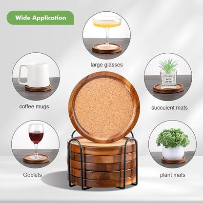 Wood Cork Coasters for Drinks Absorbent with Holder, WLWNWFT Acacia Wood Coaster Sets Rustic Farmhouse for Coffee Table Dining Table Wooden Table Coasters for Desk, Set of 6 4.33in